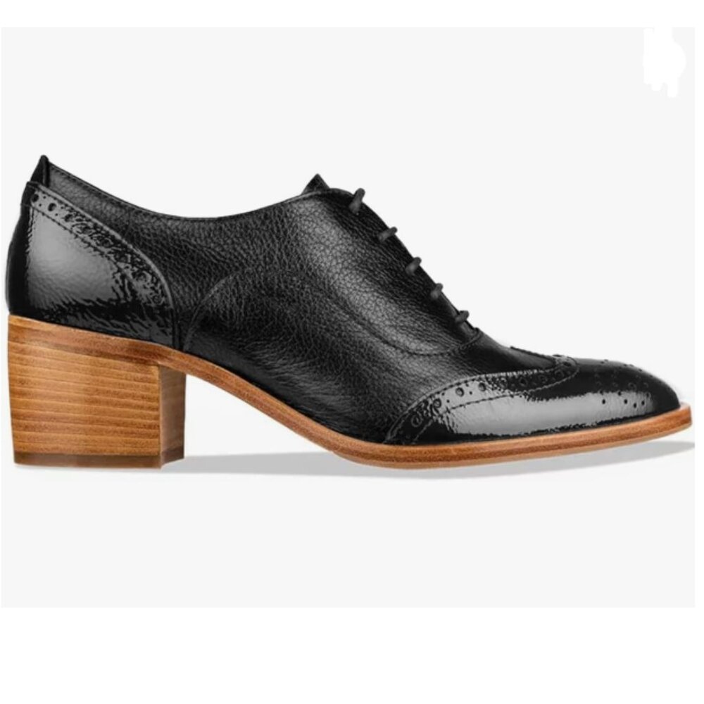 FOWT Black Perforated Lace-Up Oxfords Almond Toe Mid Chunky Heel Saddle Shoes